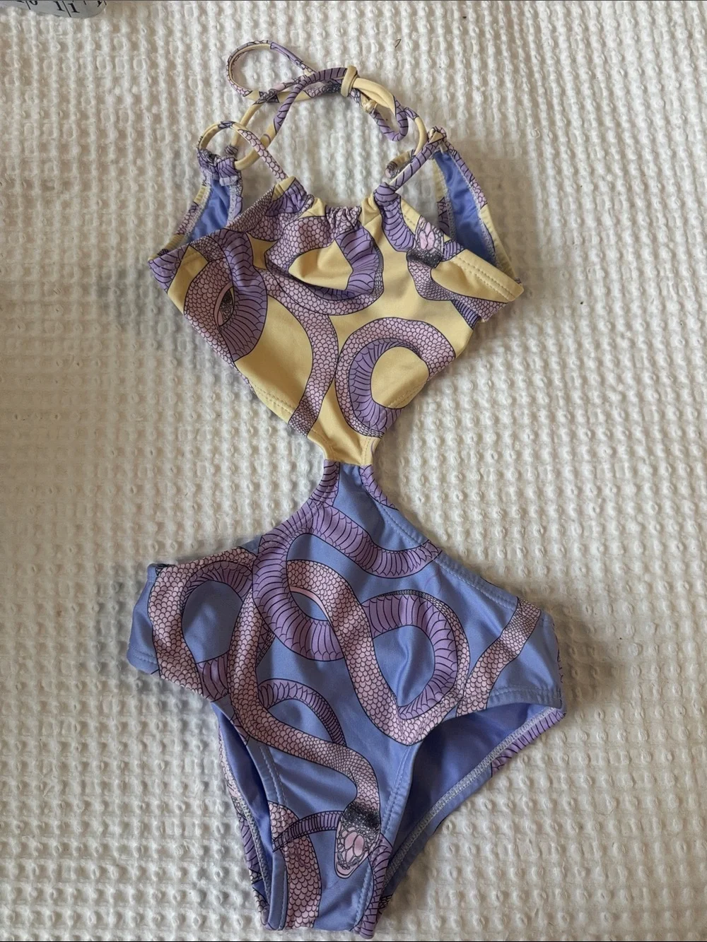 Kids Mola Mola  One-Piece cutout swim in Lavender and Yellow with Snake Print